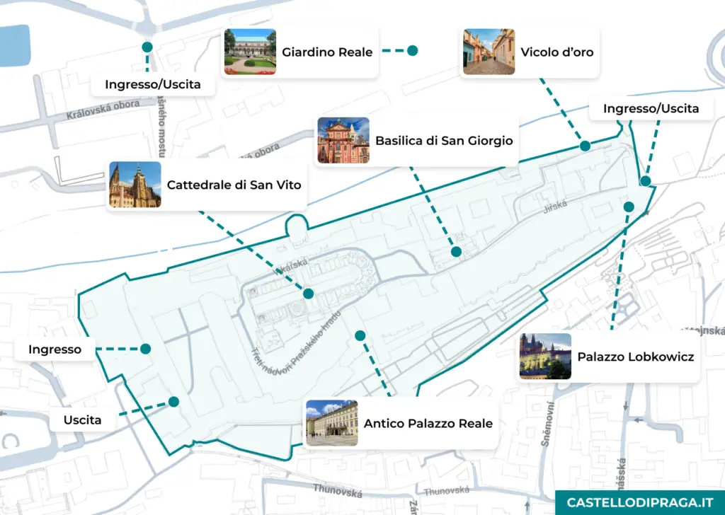 Map of Prague Castle complex with key attractions labeled in Italian and Czech.